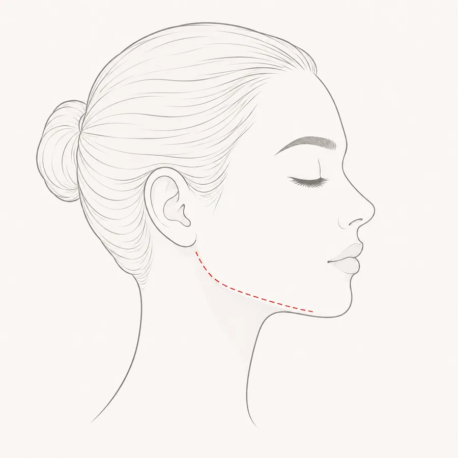 Side-profile illustration of a face with a dashed line tracing the lower jaw and mandibular border — the jawline refined by masseter treatment.