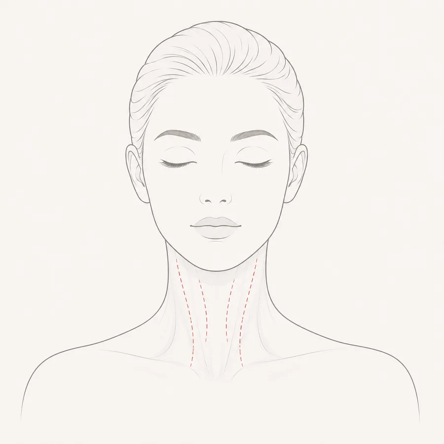 Front-facing illustration of a neck with two vertical dashed lines marking the platysmal bands — the vertical neck cords softened by treatment.