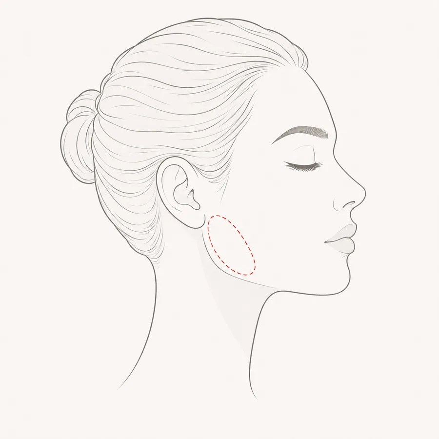 Side-profile illustration of a face with a dashed oval outline marking the masseter muscle at the angle of the jaw — the area treated for teeth grinding and clenching.