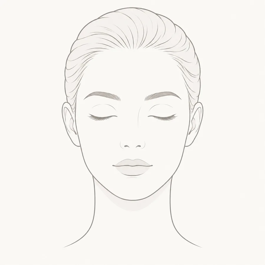 Line illustration of a face marking the areas commonly assessed during aesthetic treatment